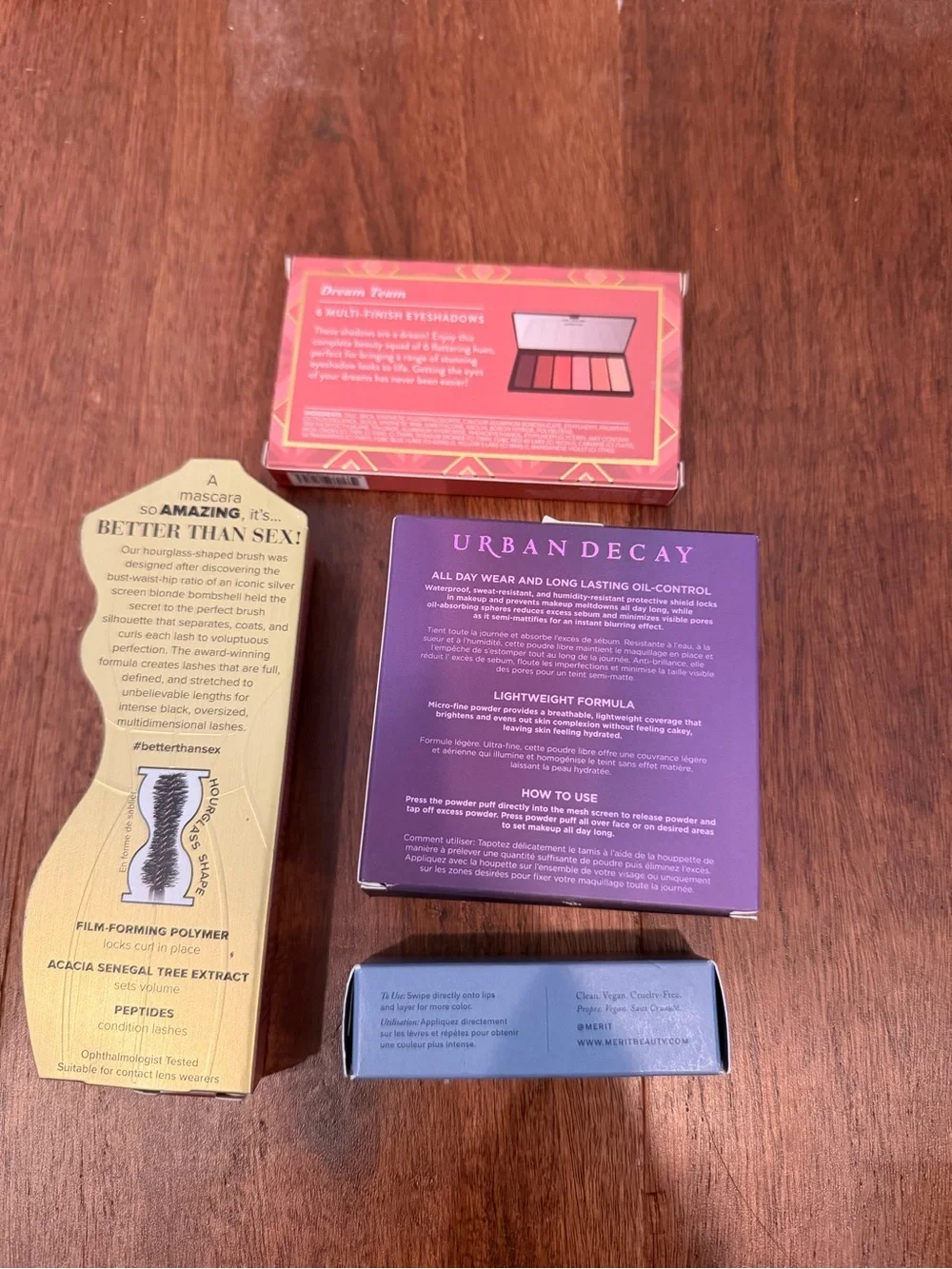 Urban Decay, Merit lippy, Too faced mascara, Laura Geller eye shadow palette